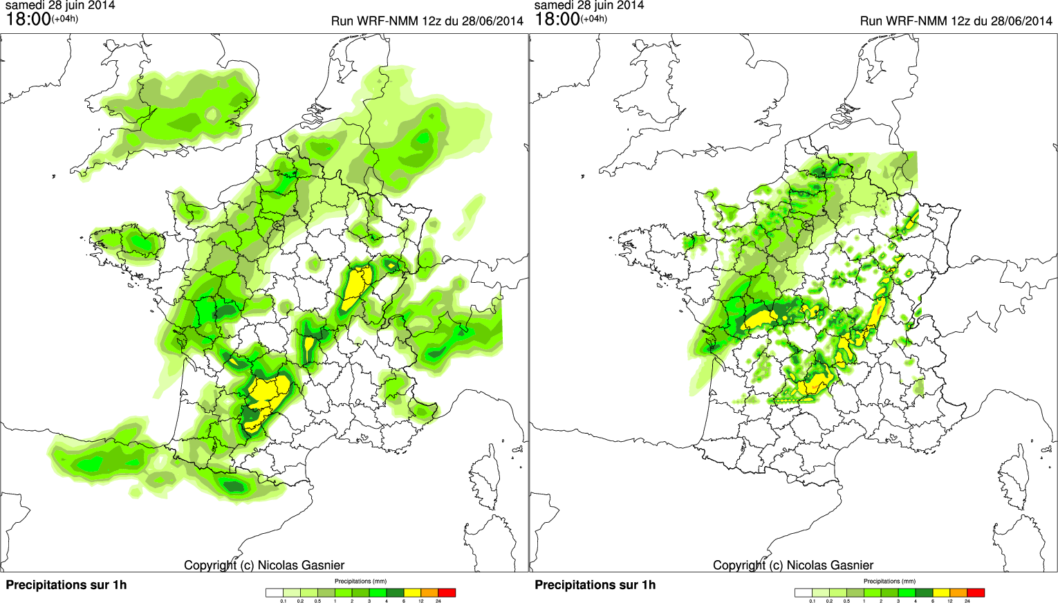 Exemple de nesting 0.15° et 0.05°C sur le champ de précipitations.